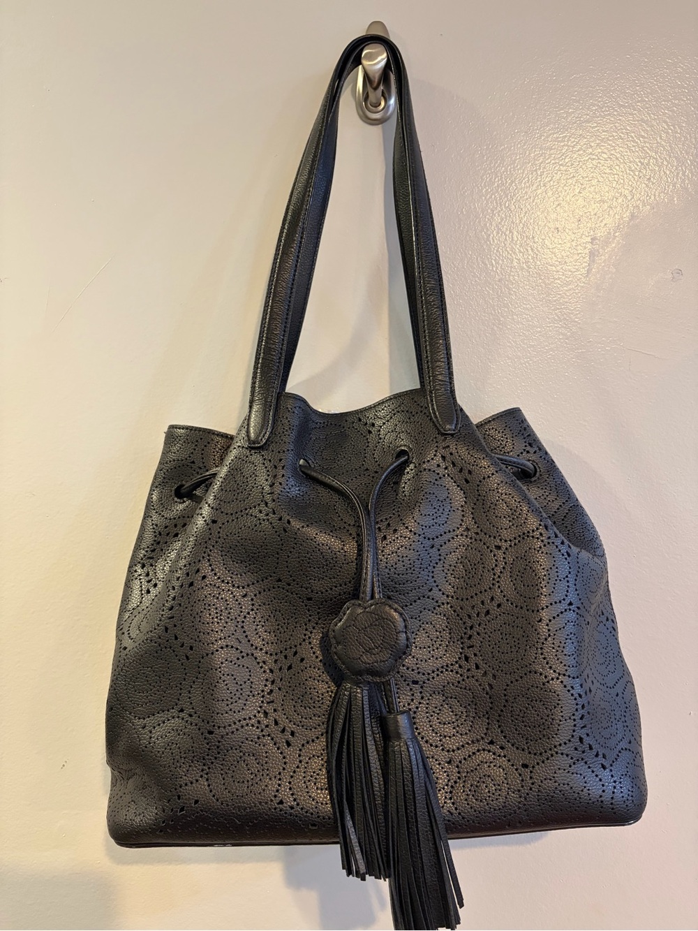 Karl Lagerfeld Black Perforated Leather Tassel Tote